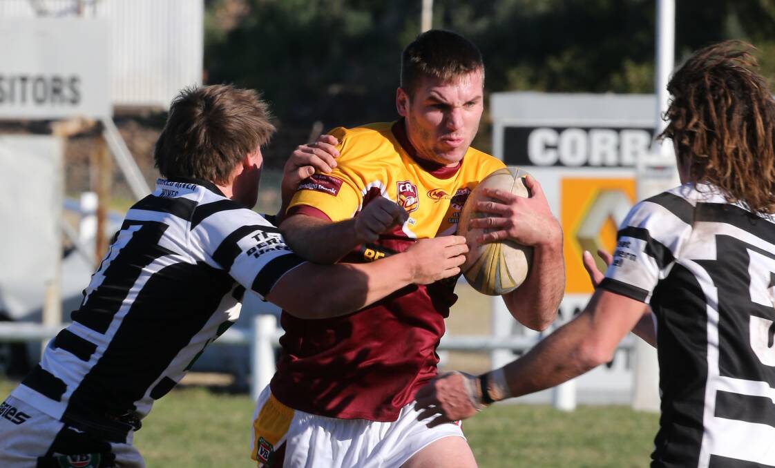 Shellharbour's Daniel Bogolin charges at the Berry-Shoalhaven Heads defence. Picture: ROBERT PEET