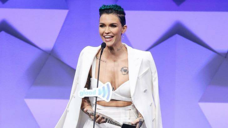Ruby Rose speaks onstage during the 27th Annual GLAAD Media Awards. Photo: Michael Tran