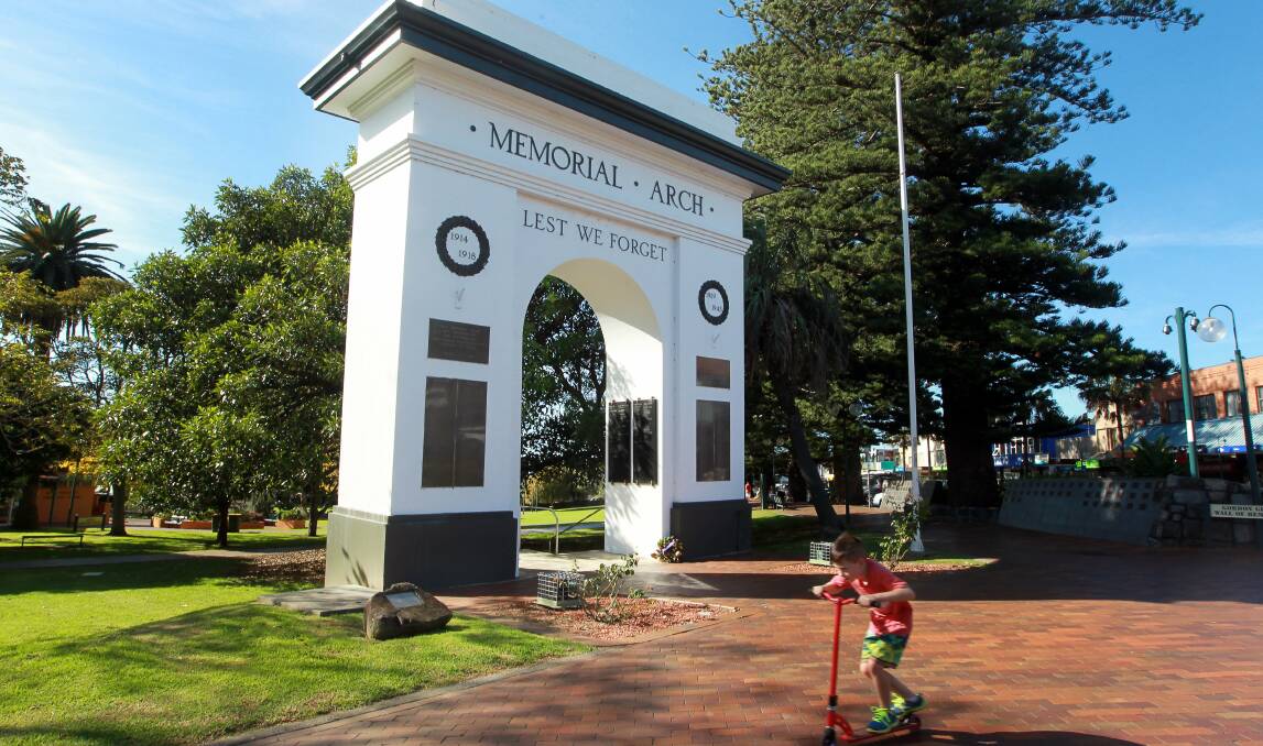 Tilting: The Kiama War Memorial Arch has a two degree lean and sits on uncontrolled fill, about six metres deep, in an area that used to be Kiama's tip. Picture: SYLVIA LIBER
