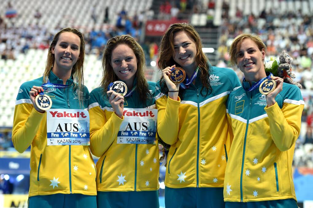 4x100m medallists Emma McKeon, Emily Seebohm, Cate Campbell and Bronte Campbell. Picture: GETTY IMAGES