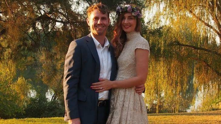 Rob and Laura Dowling who were married last month, on May 6, in defiance of his disagnosis of stage-four bowel cancer. Rob grew up on an historic grazing property at Dalton, near Gunning, and the town is coming out to support him on Saturday night Photo: Supplied