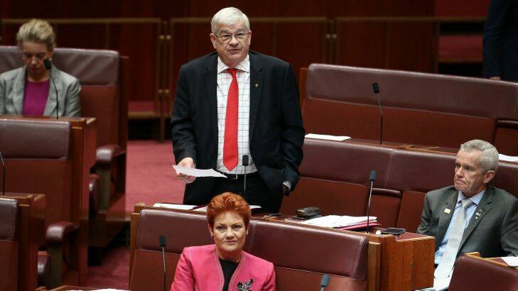 Senator Brian Burston delivers a statement in the Senate at Parliament House in Canberra on Thursday 24 November 2016. fedpol Photo: Alex Ellinghausen