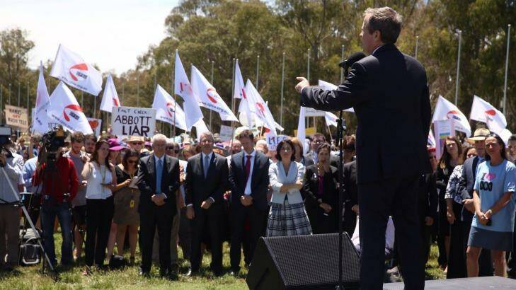 Opposition Leader Bill Shorten addresses the rally against ABC cuts outside Parliament House. Photo: Andrew Meares