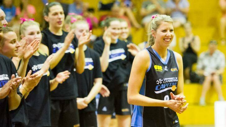 Carly Wilson celebrates her 350th game, Canberra Capitals vs Melbourne Boomers at Tuggeranong Stadium.  Photo: Jay Cronan
