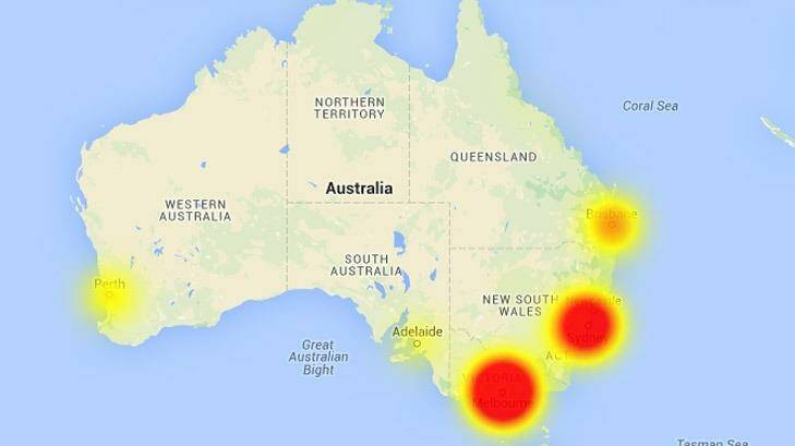 A map of social media reports about Telstra's network outages. Photo: aussieoutages.com