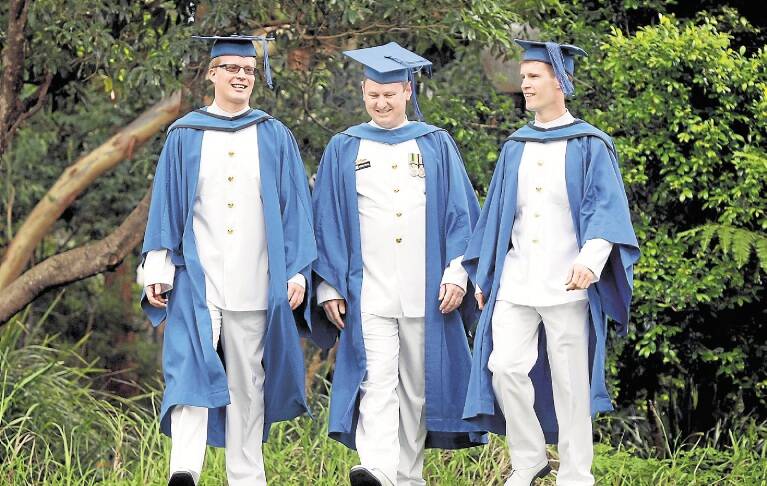 David Hayes, Andrew Pearn and Mitchell Laughlan had fees paid and a salary from the navy while studying. Picture: SYLVIA LIBER