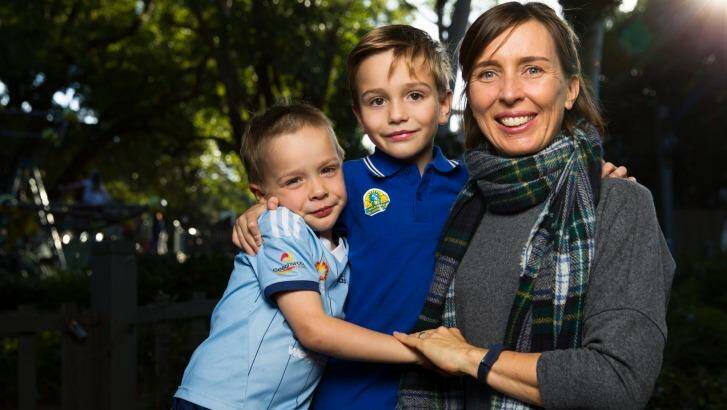Kirstine Russell with sons Otto, 5, and Hugo, 6. Photo: Janie Barrett