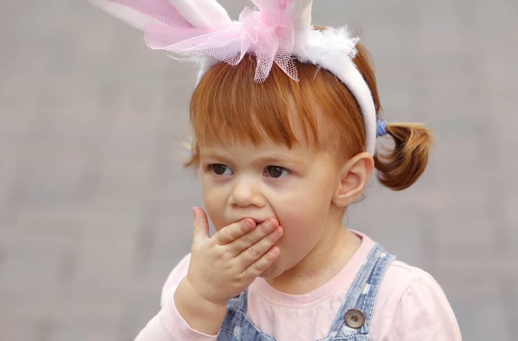 Two-year-old Tegan Bouverie eagerly awaits the arrival of the Easter Bunny at Crown Street Mall this weekend. Picture: ANDY ZAKELI