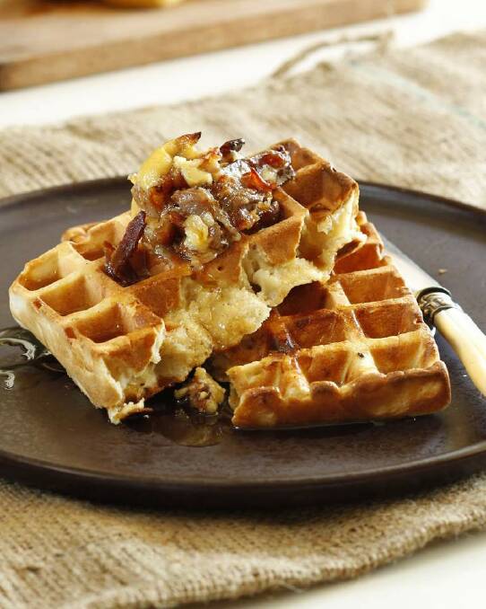 Fluffy buttermilk waffles with maple bacon butter <a href="http://www.goodfood.com.au/good-food/cook/recipe/buttermilk-waffles-with-maple-bacon-butter-20131029-2wd2v.html"><b>(Recipe here).</b></a> Photo: Steven Siewert