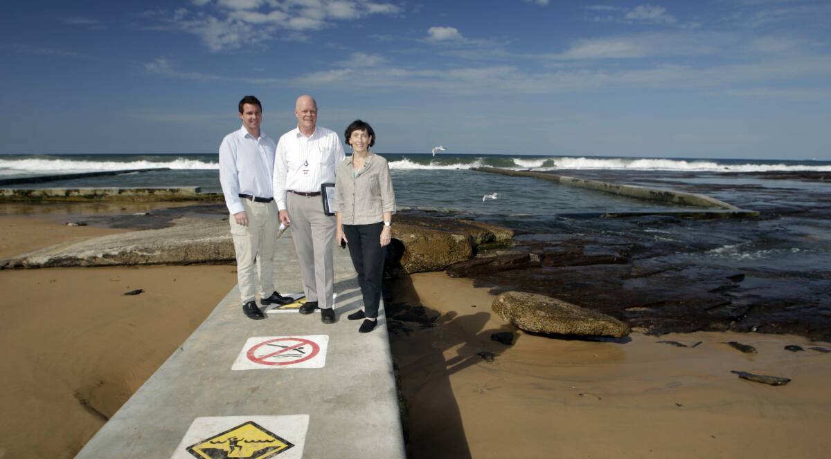 Cost blow-out: Wollongong council project manager Justin Kennedy, infrastructure and works director Mike Hyde and Greens councillor Jill Merrin at Austinmer Pool. Picture: ANDY ZAKELI