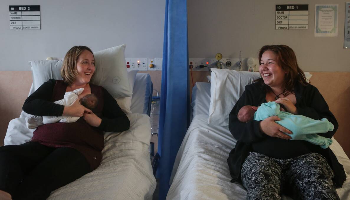Happy mums: Bridey Bowman with her newborn Isaac and Kristy Beauchamp with son Braxton at Wollongong hospital.Picture: ADAM McLEAN