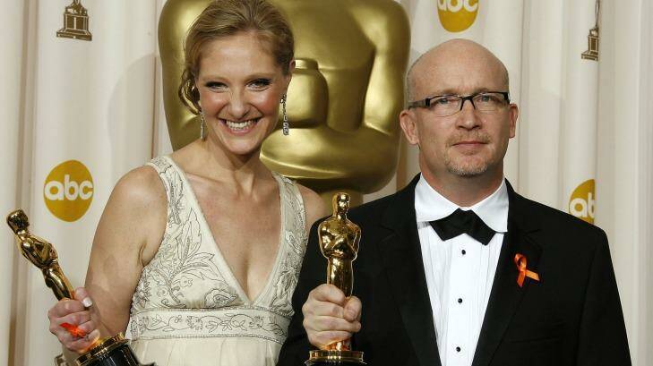 Producer Eva Orner and director Alex Gibney after winning best feature documentary at the Oscars for <i>Taxi to the Dark Side</i> in 2008. Photo: Vince Bucci - Getty Images