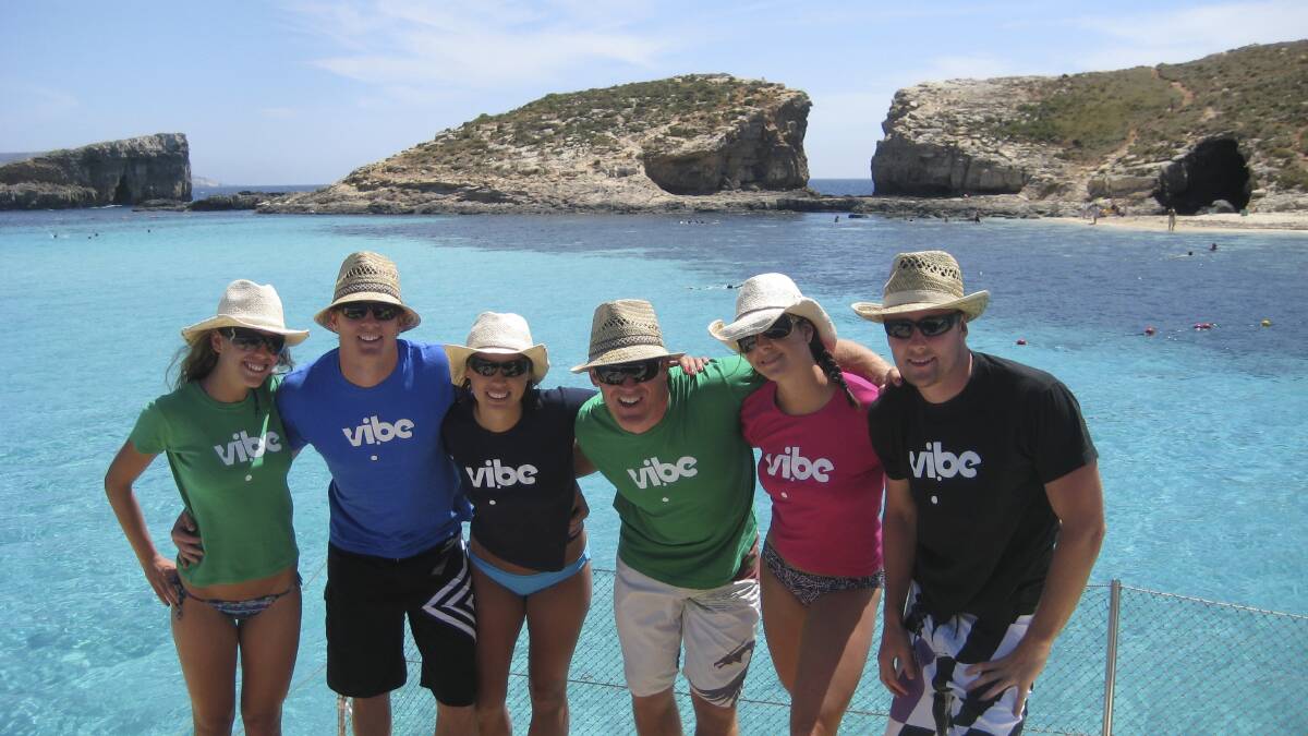 Vibe teachers – all of them UOW graduates – Rebecca Kencevski, Chris Sutton, Nerida Sutton, Shane Green, Rebecca Settree and Dane Attenborough in Malta living up to the company’s motto ‘‘Teach in London, play in Europe!’’