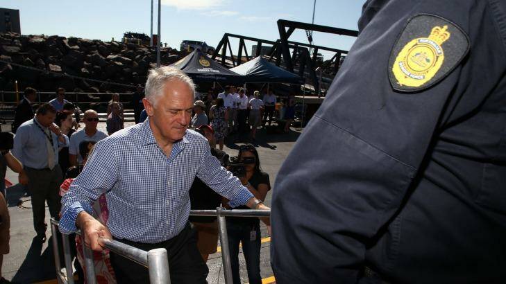 Mr Turnbull boards the Cape Jervis. Photo: Andrew Meares