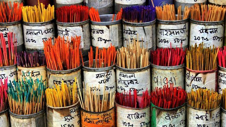 Colorful incense sticks in a shop outside Dadar train station in Mumbai. Photo: FragmentOne