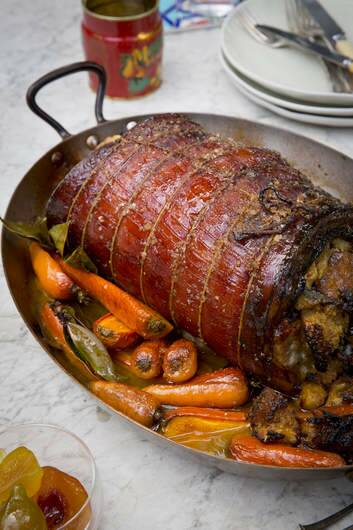 Karen Martini's Easter porchetta <a href="http://www.goodfood.com.au/good-food/cook/recipe/porchetta-with-rye-sourdough-apple-mustard-fruit-and-sage-stuffing-20140408-36ahy.html?aggregate=513278"><b>(recipe here).</b></a>