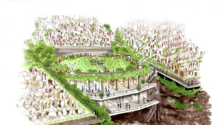 Possibility: Artist's impression of the pavilion set in the gully of Waverley Cemetery. Photo: Save Waverley Cemetery