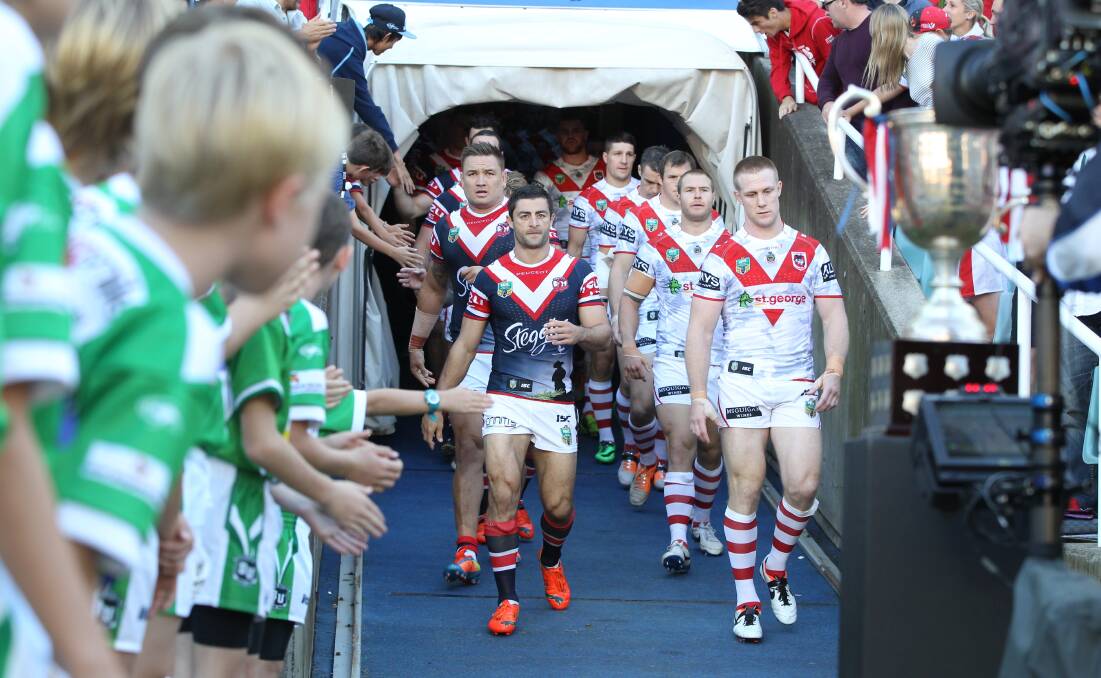 The two teams come out for last year's Anzac Day game at Allianz Stadium. Picture: ANTHONY JOHNSON