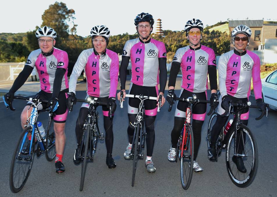 Peter Buckley (centre) training with supporters Rod Latham, John Boyle, Dean Pons and Reiner Mangulabnan for an eight-day ride for cancer research. Picture: GREG ELLIS
