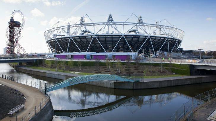 The Olympic Stadium with The Arcelor Mittal Orbit and the River Lee, London.