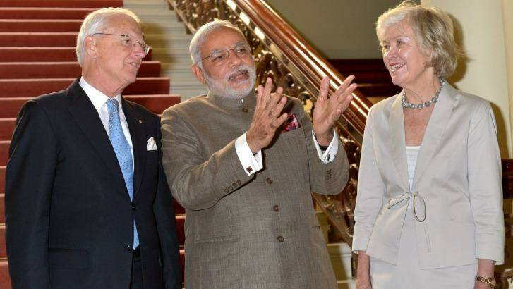 Indian PM Narendra Modi with Victorian Governor Alex Chernov, and his wife Elizabeth Chernov. Photo: Joe Armao