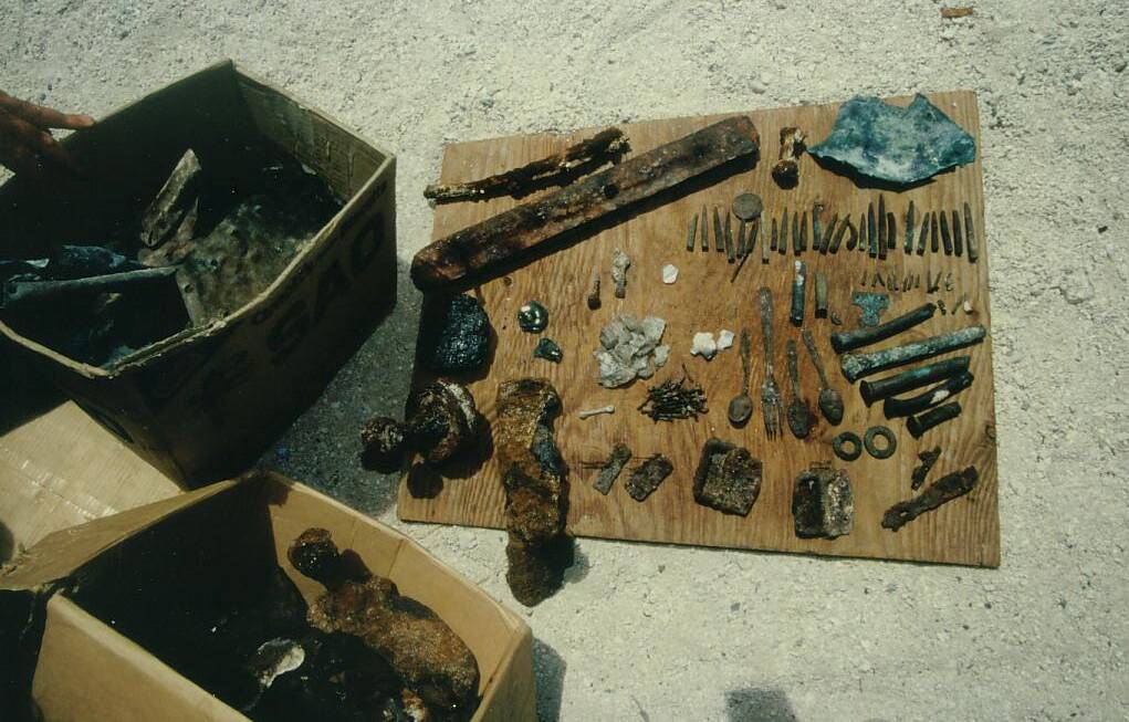 Artefects found by Gerald Crowley and his crew on the atoll Anuanuraro in 1997 which he believes are from the wreck of the ship Madagascar.