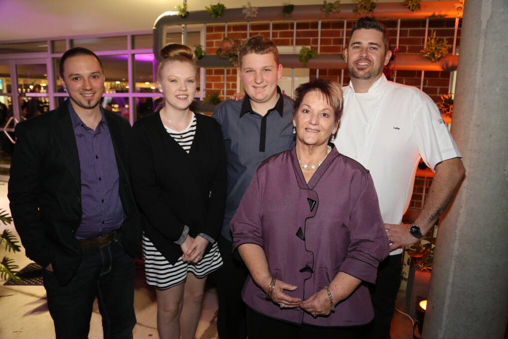 Geordie Harrison, Emily Johnston, James Willoughby, Di Laver and Luke De Ville at this week's 12th annual Celebrity Chef Scholarship Dinner at Bomaderry. Picture: GREG ELLIS