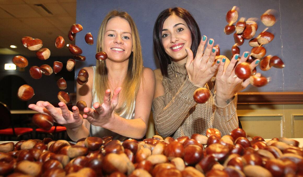 Ready to roast: Alyssa Brewer and Stephanie Macpherson get among the chestnuts ahead of Castagne Day. Picture: GREG TOTMAN