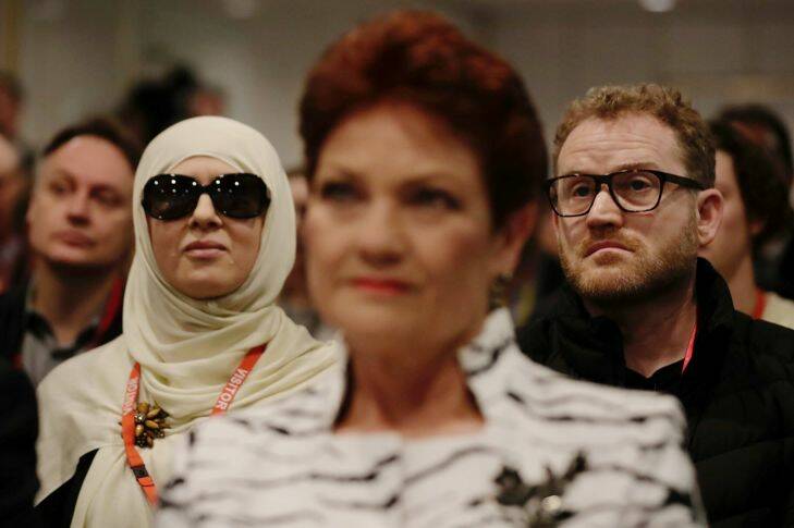  Senator Pauline Hanson and John Safran during the function "A conversation with Milo Yiannopoulos" hosted by Senator David Leyonhjelm at Parliament House in Canberra on Tuesday 5 December 2017. fedpol Photo: Alex Ellinghausen