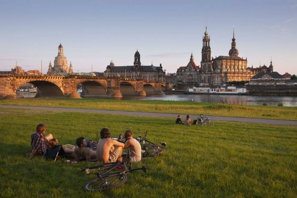 Dresden castle glows in the evening light.