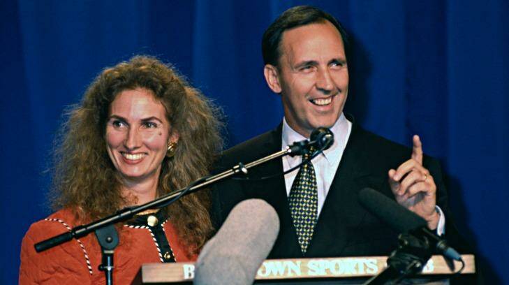 Paul Keating, accompanied by his then wife Annita, delivers his victory speech on election night, March 13, 1993 in Sydney. Photo: National Archives of Australia