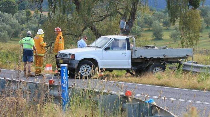 The parked car believed to have been hit by the man before his death on the Princes Highway north of Bega. Photo: Bay Post