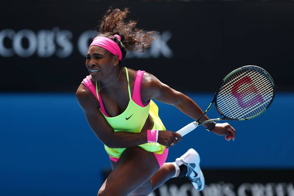 Serena Williams serves during her fourth-round Australian Open match against Garbine Muguruza of Spain at Melbourne Park. Picture: GETTY IMAGES