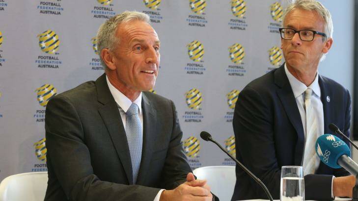 All ears: FFA CEO David Gallop listens to newly appointed technical director Eric Abrams in Sydney on Wednesday. Photo: Peter Rae