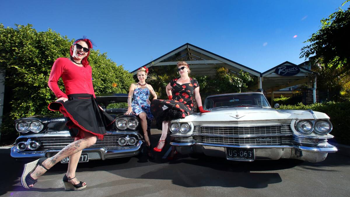 From left, Suz Forrester, Pearl Lee Shells and Sassy Sarsparilla are frocking up for the Rock n' Vintage Roll Festival at Ryan's Hotel in Thirroul. Picture: KIRK GILMOUR
