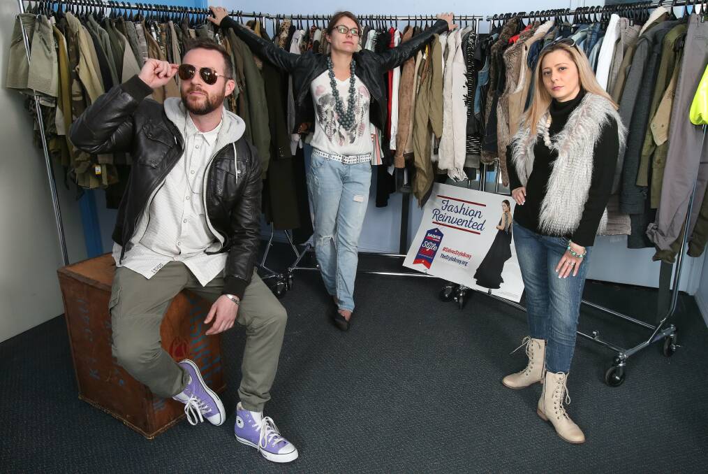Dale Cheetham, Andrea Schuerch and Alison Moore from the Salvos Wollongong store promote the upcoming fashion show for Op Shop Week. Picture: KIRK GILMOUR