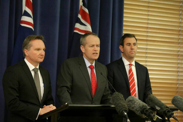 Shadow Treasurer Chris Bowen, Opposition Leader Bill Shorten and Shadow Finance Minister Jim Chalmers address the media during a press conference at Parliament House in Canberra on Tuesday 13 September 2016. fedpol Photo: Alex Ellinghausen 