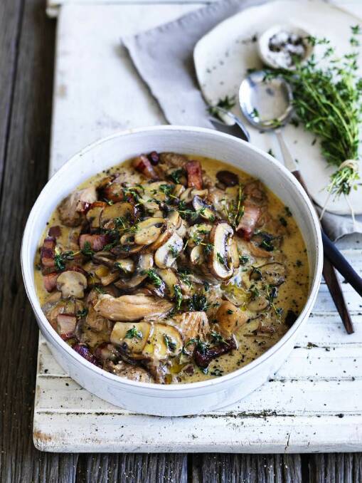 Chicken braised with mushrooms and thyme. <a href="http://www.goodfood.com.au/good-food/cook/recipe/chicken-braised-with-mushroom-and-thyme-20150504-3vcpd.html"><b>(Recipe here).</b></a> Photo: William Meppem