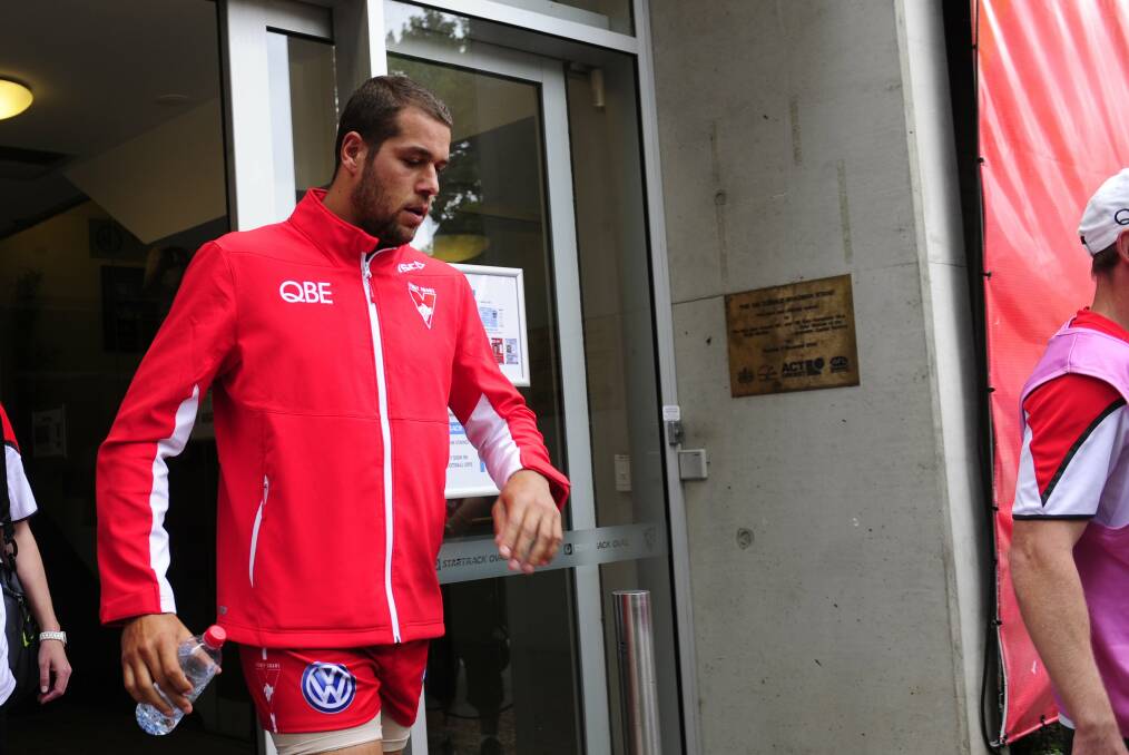 Sydney Swans' Lance Franklin heads to hospital after colliding with teammate Gary Rohan on Sunday. Picture: MELISSA ADAMS