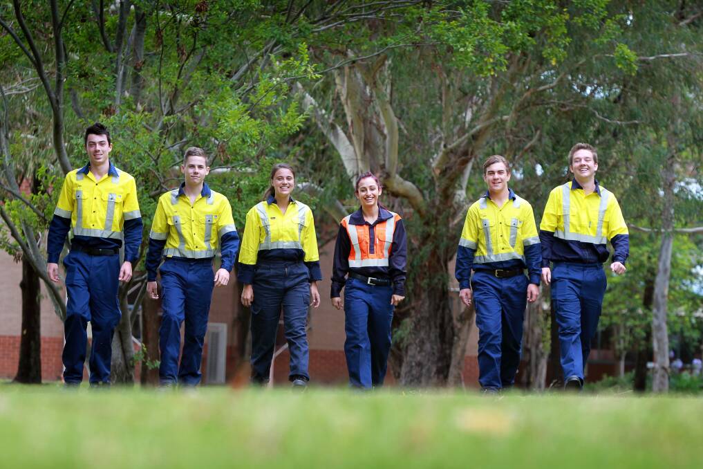 First day: BlueScope cadets and apprentices, from left, Coen Simpson, Luke Eager, Kayla Murray, Irene Kyriacou, Jake Westlake and Bryeson Lloyd. Picture: SYLVIA LIBER