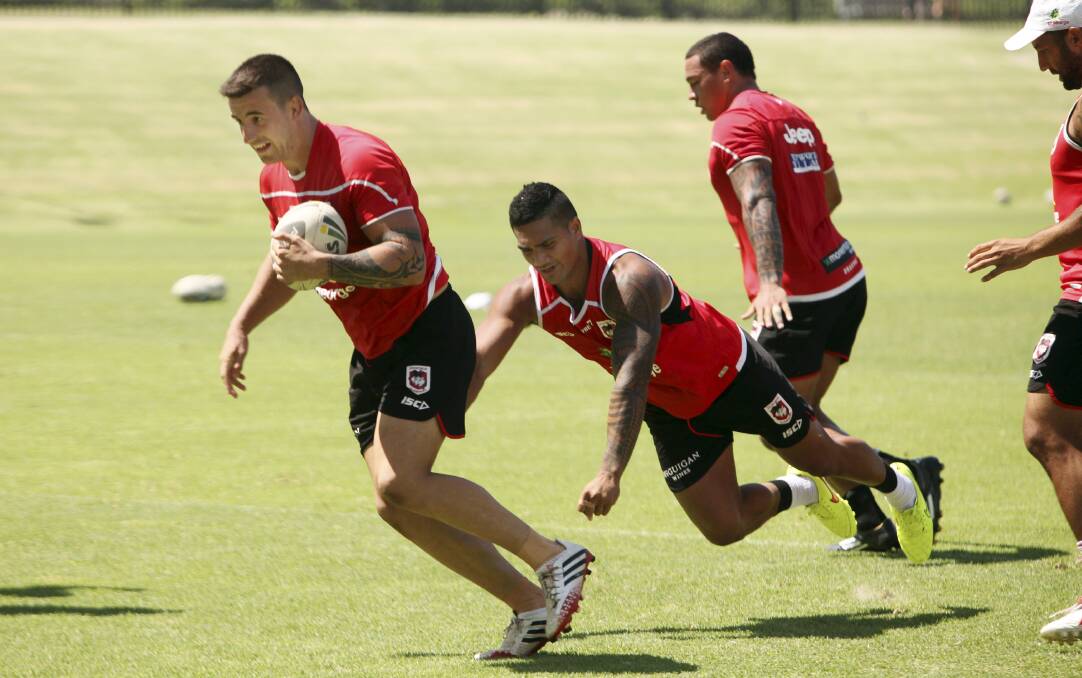 Jake Marketo runs the ball up at Dragons training at Wollongong on Thursday. Picture: KIRK GILMOUR