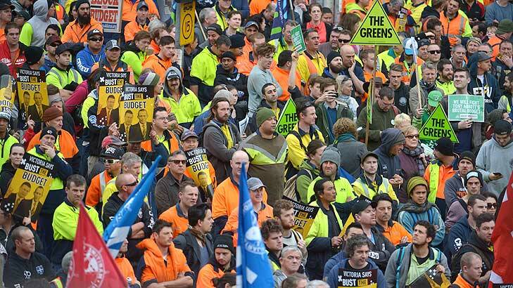 Union members rally in Melbourne against the Federal Government's budget. Photo: Joe Armao