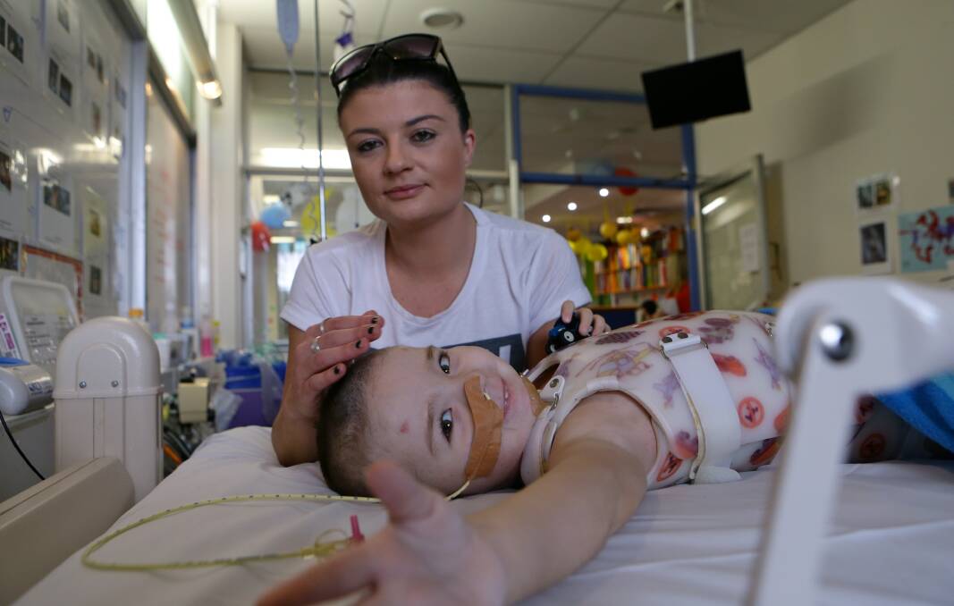 Sarah O'Meara at the Sydney Childrens Hospital in Randwick with her son Jake in June. Picture: DALLAS KILPONEN