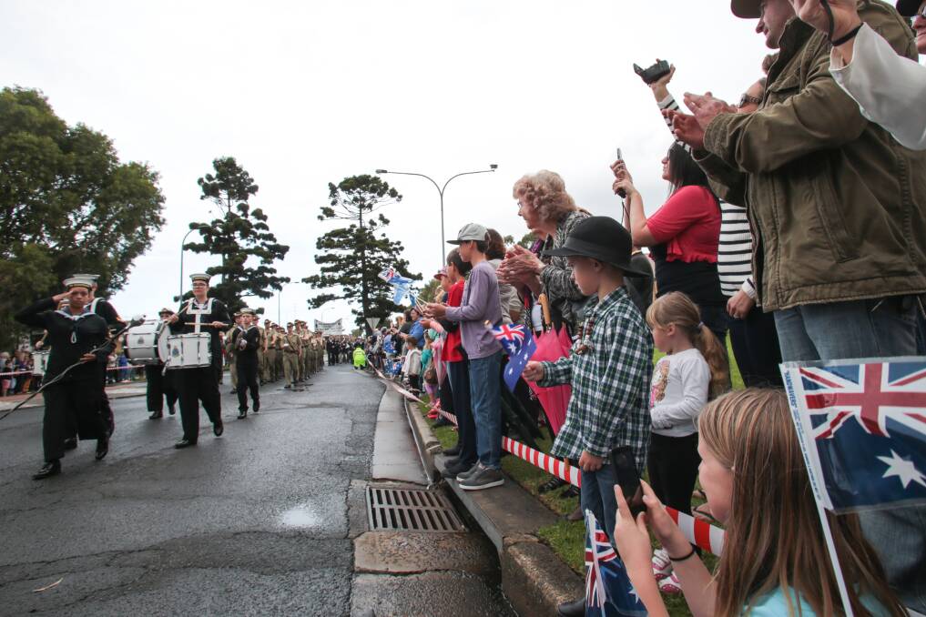  A big crowd of supporters roll up for the Anzac Day Wollongong City march on Church and Burelli streets. Picture: KIRK GILMOUR