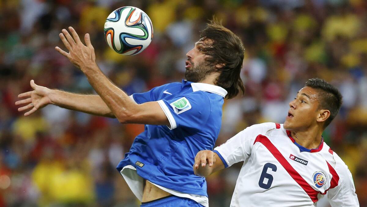 Greece's Giorgios Samaras (L) battles with Costa Rica's Oscar Duarte on Sunday. Picture: REUTERS