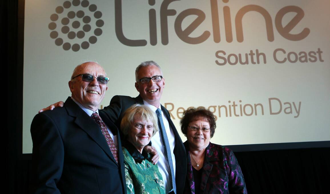 Long-serving life-savers: Ron Hill, Audrey Wilson, Grahame Gould and Ros Clare at the NSW Lifeline Volunteer Awards where Mr Hill and Ms Clare told of their combined 60 years of volunteering. Picture: SYLVIA LIBER