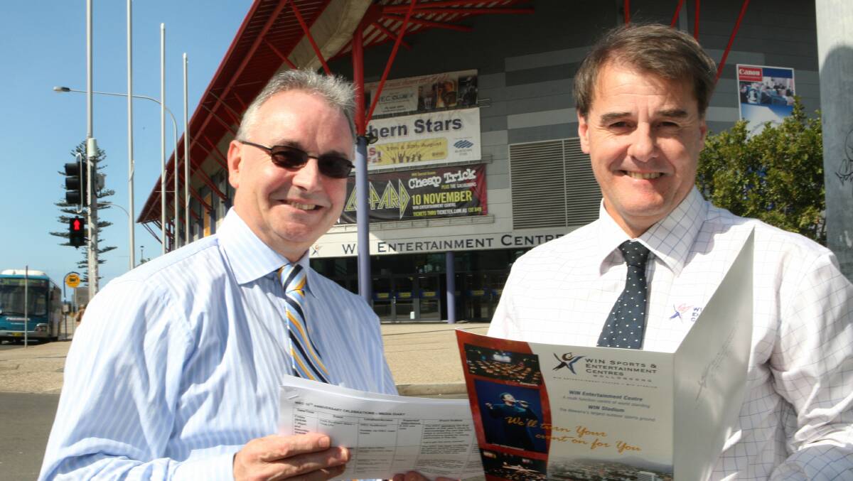 Stuart Barnes (left) and Milton O'Brien help plan WIN Entertainment Centre's 10th anniversary. Picture: WAYNE VENABLES