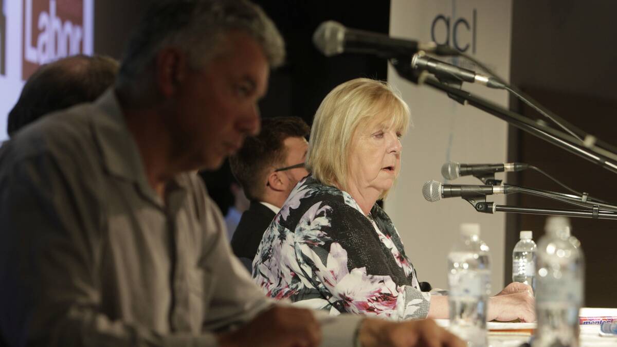 Arthur Rorris (front) and Noreen Hay at the State Election Candidates Forum at Wollongong. Picture: ANDY ZAKELI