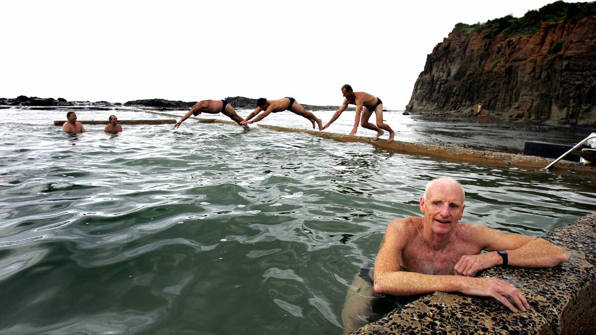 Gerringong Gropers' Bruce Mackie (front) and swimmers Kel Overton (left) Paul Burmon, Dave Cox, Paul Camilleri and Chris Cutting at Werri rock pool in 2007. Picture: ORLANDO CHIODO