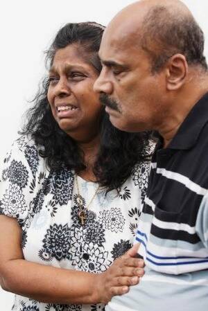 Raji Sukumaran breaks down while pleading for her son's life on Tuesday afternoon. Photo: James Brickwood